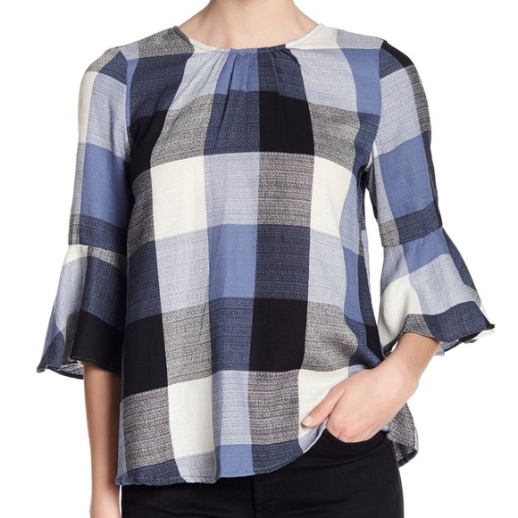 Ro & De Tops - Ro & De Plaid Bell Sleeve Blouse